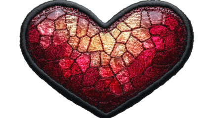 Mosaic Heart Patch: A handcrafted heart-shaped patch, designed with a stunning mosaic of deep red and gold hues, exhibiting intricate detailing and a textured surface.