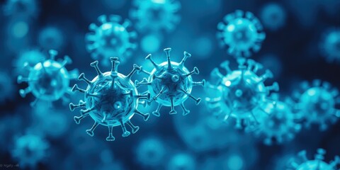 A microscopic view of blue viral particles with spiky proteins, representing the complexity and danger of infectious diseases.