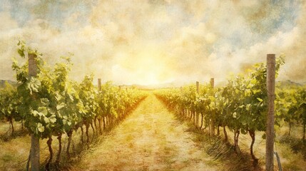 Fototapeta premium Serene Vineyard Pathway At Golden Hour