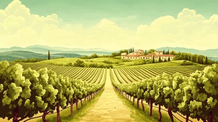 Fototapeta premium Tuscan Vineyard Landscape With Rolling Hills and Village