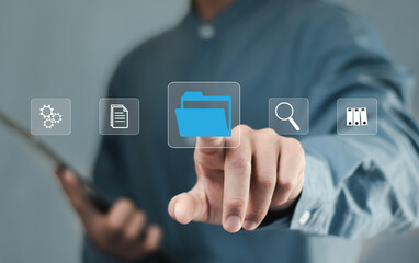 Document management concept. Search and managing files online document database. Electronic documents, Document management system and process automation..