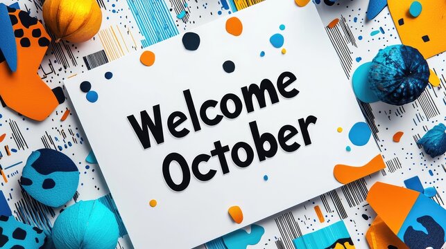 A vibrant graphic welcoming October, featuring colorful shapes and a bold message. - Powered by Adobe