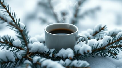 A warm cup of coffee resting on a snowy evergreen branch, a simple yet comforting moment of winter tranquility.