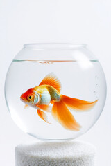 AI generative. A gold fish in transparent glass fishbowl on white background. 5