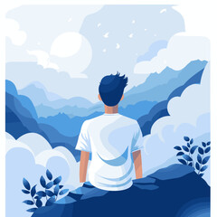 Young man sitting on the mountain and looking at the valley. Vector illustration.