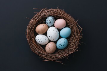 Obraz premium Easter eggs nest resting on dark background symbolizing new life