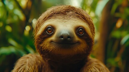 Fototapeta premium Smiling sloth portrait in jungle rainforest habitat.
