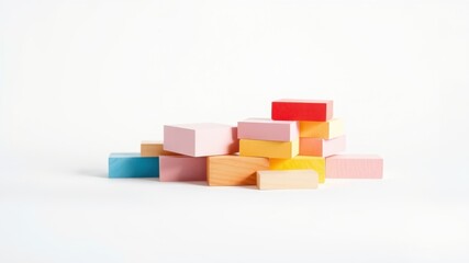 Obraz premium A minimalist composition of colorful wooden blocks arranged in a geometric pattern on a white background.