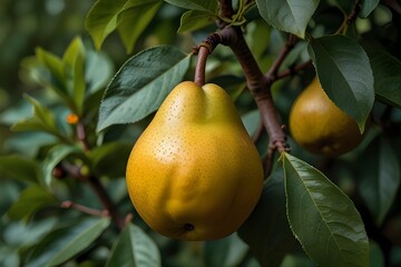 A juicy, ripe pear with a golden hue, nestled among a bed of vibrant green leaves, waiting to be plucked and savored.