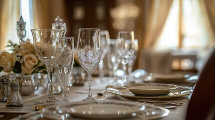 Elegant Table Setting with Crystal Glasses and Fine China Decor