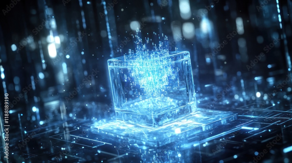 Poster futuristic digital data cube illuminated in blue light