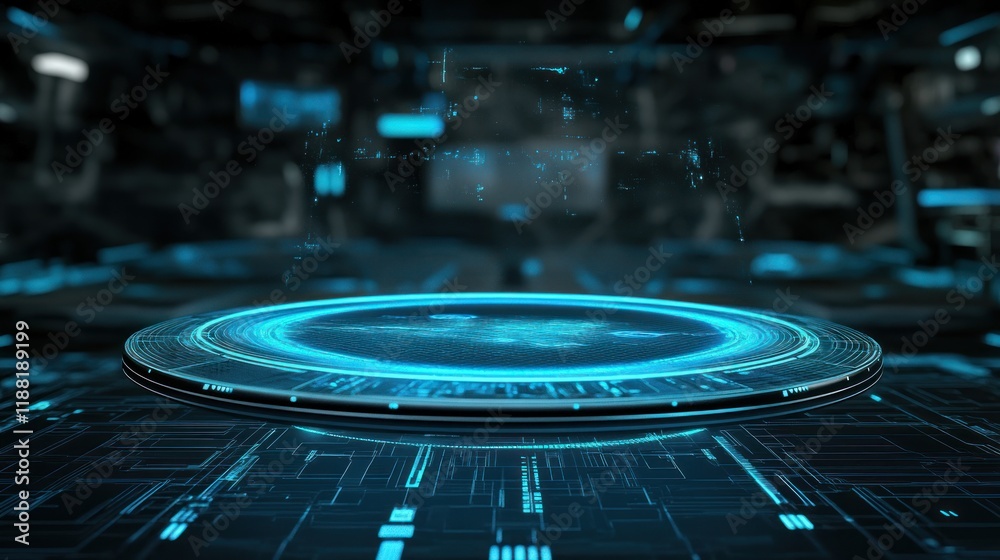 Poster futuristic circular platform with blue digital interface