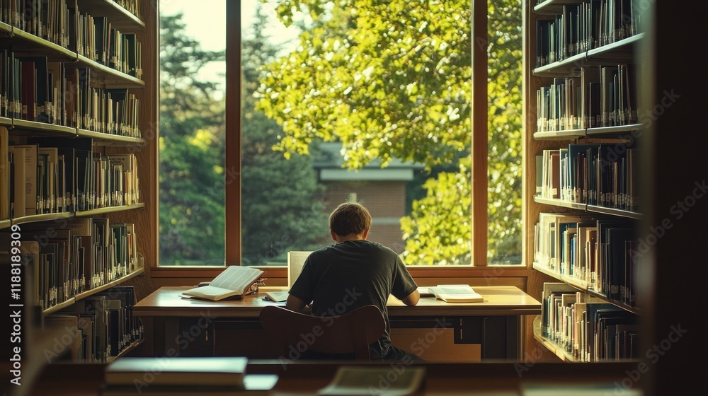 Poster student studying books near a large window