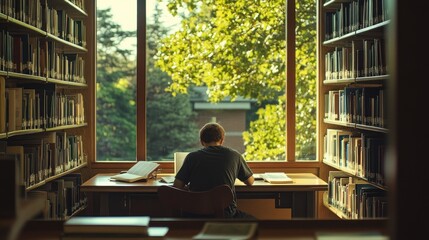 Student studying books near a large window