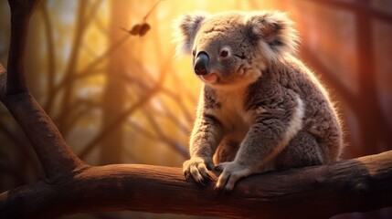 Obraz premium A koala perched on a tree branch, backlighting, light background with space on the right,generative ai illustration
