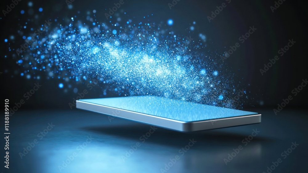 Poster smartphone displaying digital particles emanating light
