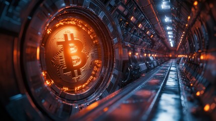 Futuristic cryptocurrency concept with glowing bitcoin symbol in digital tunnel