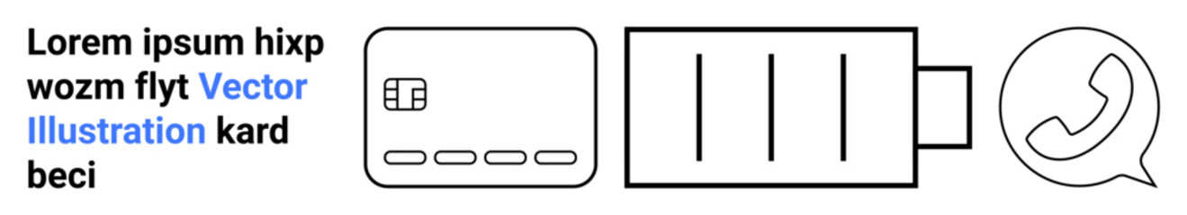 Credit card with chip, battery level indicator, and chat bubble. Ideal for finance, technology, communication, app development, digital marketing e-commerce customer support. Landing page