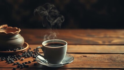 Steaming cup of black coffee on rustic wooden table with soft light, inviting relaxation and enjoyment of rich aroma, aroma, black, warmth