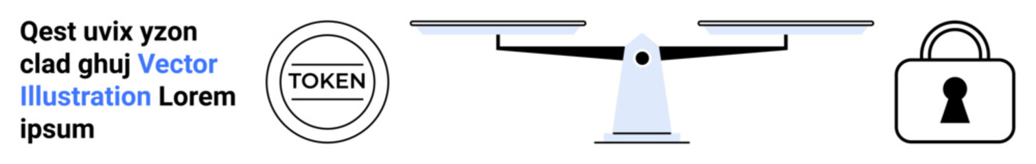 Digital token next to a balance scale and a padlock. Symbols suggest security, equilibrium, and token-based economy. Ideal for digital finance, cybersecurity, legal balance, encryption, online