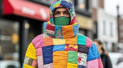 Colorful Patchwork Jacket Fashion on Urban Street Style in Winter