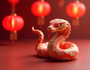 Elegant Red Snake Figure with Golden Details and Lanterns for Lunar New Year