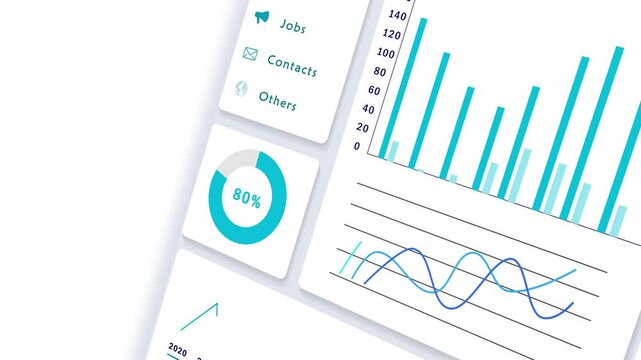Landing Business Website with Statistical Infographics (Graph, Chart and Diagrams). Navigating Professional Dashboard of Web Page In 3D Perspective. Online Business Performance, Statistics and Success