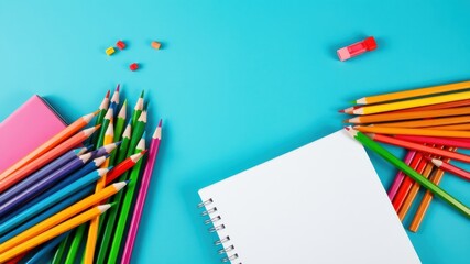 Fototapeta premium A blank notebook with colorful pencils on a vibrant blue surface, ready for creative expression