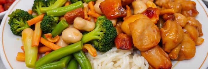 Stir-fried Chinese broccoli mixed with crispy pork strips, served on a white plate, meal, gourmet, vegetable