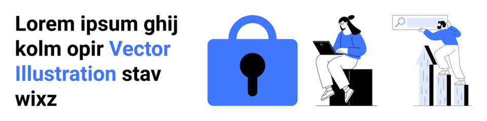 Large blue lock icon symbolizes security. Person uses laptop, while another holds magnifying glass. Ideal for tech solutions, cybersecurity, online privacy, data protection, web security, safety