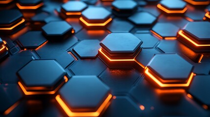 Tech-inspired glowing hexagons in a repeating layout.