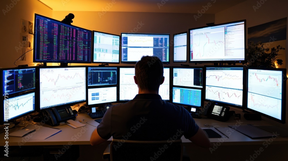 Poster A man sits before multiple monitors displaying stock market data