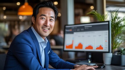 Asian male adult analyzing business data on computer in modern office setting