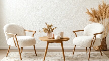 Cozy Living Room Interior Design with Cream Armchairs and Wooden Coffee Table