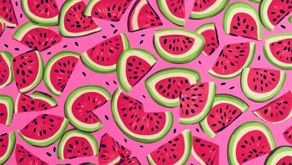 Scattered watermelon slices on pink background.
