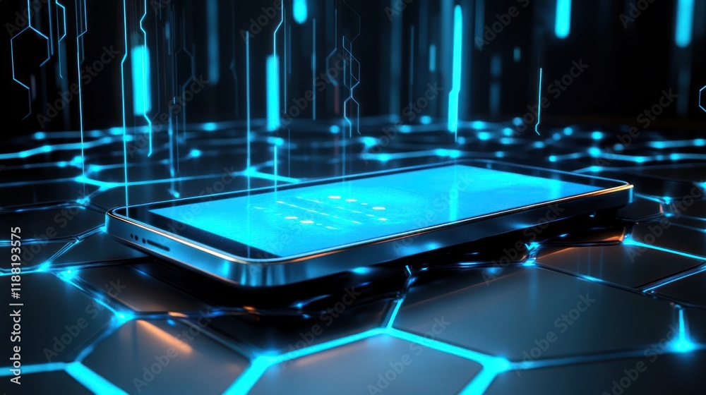 Poster Smartphone rests on a futuristic hexagonal grid with blue digital streams
