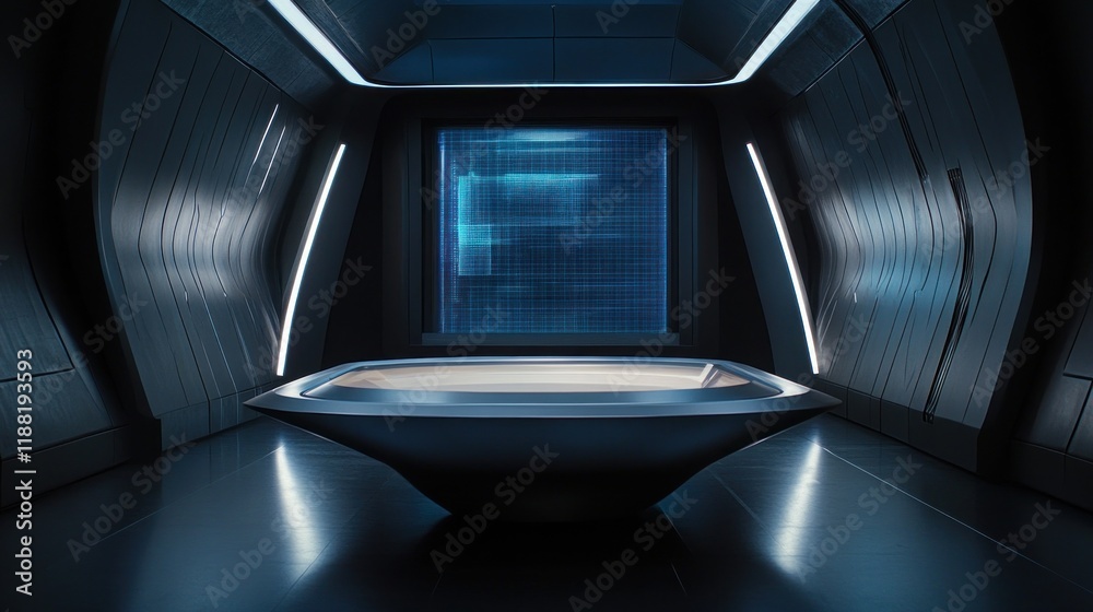 Poster futuristic room design with modern display and platform