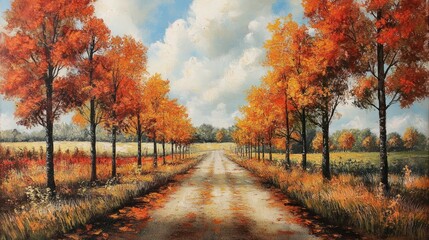 Naklejka premium Autumnal Roadway Through Golden Trees and Fields