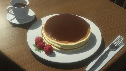 Delicious Pancakes Topped With Chocolate Sauce And Raspberries