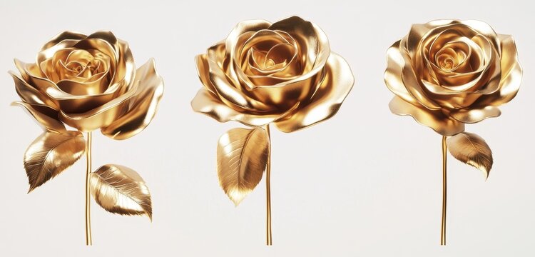 Three golden roses isolated on white background. (12)