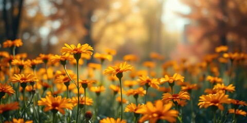 Obraz premium A field of bright yellow wildflowers basking in the golden sunlight, a symphony of delicate petals and slender stems swaying gently in the warm breeze.