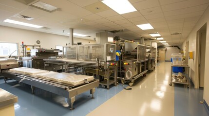 A clean, industrial kitchen with stainless steel equipment and workspaces for food preparation.