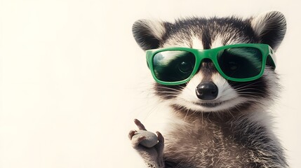 Funny raccoon with green sunglasses