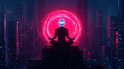 Futuristic Meditation in a Neon Cityscape with Glowing Aura