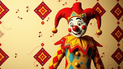 Fototapeta premium A brightly colored jester with a happy expression stands against a backdrop of repeating diamond patterns and musical notes.