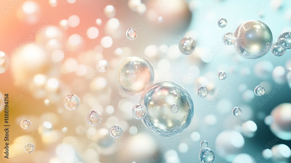 Wall mural abstract image of glistening bubbles floating in soft pastel hues, creating a tranquil and ethereal 