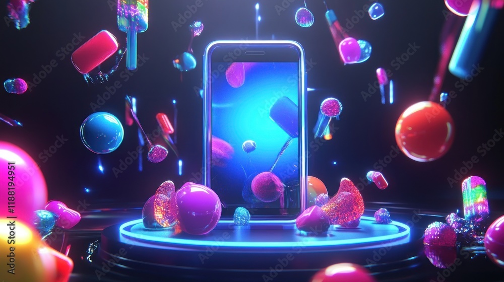 Poster smartphone displayed amidst vibrant candy like objects