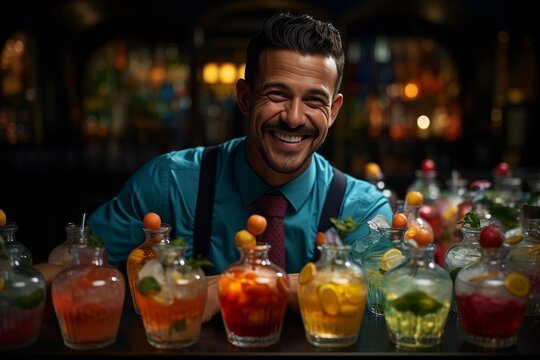 A smiling bartender stands proudly behind a colorful array of cocktails, showcasing vibrant mixology creations.