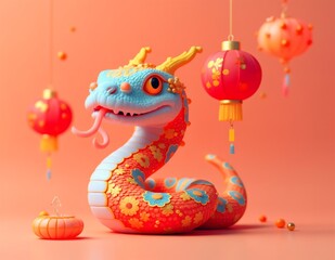Colorful Snake Figure with Floral Patterns and Lanterns for Chinese New Year Celebration