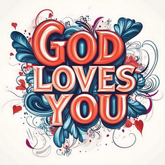 God loves you in vibrant typography surrounded by decorative elements and floral designs, conveying message of positivity and warmth